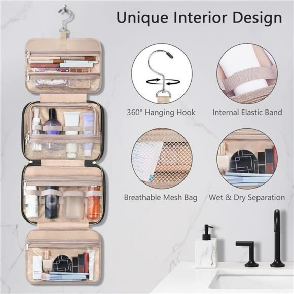 Hanging Toiletry Bag with Jewelry Organizer Waterproof Travel Makeup Storage - Picture 5 of 7